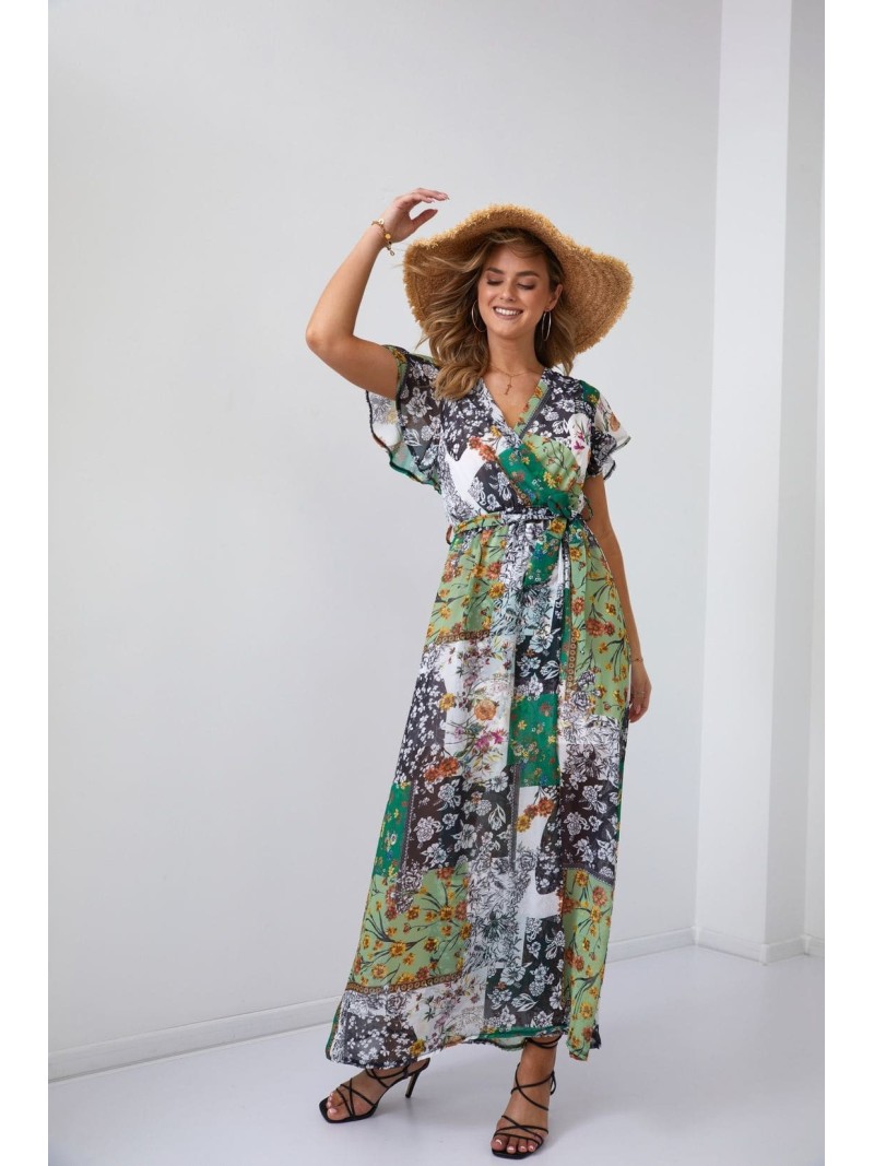 Maxi wrap dress with a belt, green FG646 - Online store - Boutique